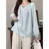 Camisa fresca y elegante de talla grande para mujer estilo francés con mangas abullonadas y cuentas, corte holgado, disimula el abdomen, top versátil
