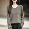 Novedad Otoño/Invierno 2026: Top de Punto con Cuello en V Mezcla de Lana de Yak, Camiseta Base de Color Sólido