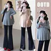 Camiseta base para maternidade para primavera e outono, camiseta de manga comprida, design solto de cauda de peixe para cobrir a barriga sem mostrar a gravidez, conjunto de duas peças para gestantes