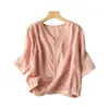 Top de Algodón de Siete Mangas Otoño Delgado Transpirable Camisa Primavera y Verano Estilo Retro talla extra Cuello en V Top Corto