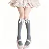 Calcetines Largos Transpirables de Moda para Niña Azules con Lazo de Terciopelo Estilo JK, Hasta la Rodilla, Terciopelo, Media Pantorrilla, Lolita