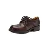 Mocasines casuales estilo universitario, de cuero lavado al agua, con cordones, para mujer, colección otoño 2026, tacón medio grueso, punta redonda, cuero genuino, planos de corte bajo