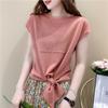 Camiseta de seda de hielo de manga corta de verano para mujer, suéter de cuello redondo con diseño de cordones y cintura ajustada, fino y sencillo, color sólido.
