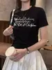 Camiseta de Manga Corta con Diseño de Estampado de Letras Americanas en el Hombro Derecho para Mujer Verano Nuevo Nicho Versátil Casual Top Básico