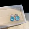 Brincos Pingente Flor Redonda Zircônia Agulha Prateada Rosa Azul Oceano, Brincos de Luxo Frescos e Elegantes para Mulheres