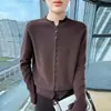 Cardigan de Tricô Gola Redonda com Borda Enrolada 100% Lã Novo Outono/Inverno 2026 Manga Longa Feminino Cor Sólida Solto Suéter de Lã Top