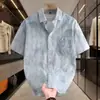 Camisa Masculina de Manga Curta Verão Fina Tendência Marca Algodão Puro Tie-Dye Gola Lapela Manga Meia Manga Solta Streetwear Jaqueta Casual