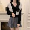 Cardigan de tricô com gola V e babados em cores contrastantes, estilo coreano, novo para a primavera, para mulheres, top com design chique de nicho para mulheres