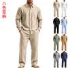 Conjunto de camisa de lino de manga larga simple para hombre, informal, para casa, para ir al trabajo, para vacaciones, estilo europeo y americano, transfronterizo, otoño, corte holgado, venta al por mayor