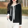 Novo Cardigã Suéter com Capuz 100% Lã Pura Feminino Top Solto Zíper Capuz Cor Contrastante Jaqueta Tricot Lazy