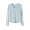 Top de punto de cáñamo puro para mujer, cuello en V, manga larga, suave y ligero, no es sudadera, camisa base de color liso versátil y elegante