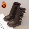 Botas de Equitação de Cano Alto com Fivela para Meninas 2026 Outono/Inverno Novo Estilo Botas com Salto Bloco de Couro Macio Botas Longas Versáteis Resistentes ao Desgaste para Meninas