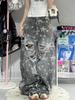Jeans unisex estilo retro americano con estampado de estrellas lavado vintage rasgado en forma de cimitarra para mujer, Pantalones de pierna ancha holgados y adelgazantes de estilo callejero