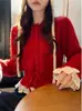 Suéter dulce y juvenil estilo coreano, falso dos piezas, con ribete de encaje y cinturón, para mujer, nuevo cárdigan de punto para otoño e invierno, para mujer