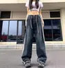 Novo Design 2023 Calça Jeans Pequena com Cordão Cintura Alta Solta Emagrecedora Perna Larga Reta Casual para Crianças