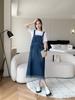 Foto Real, Solta, Casual, Versátil Saia Jeans com Suspensório, Vestido Longo Slim para Mulheres