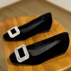 Zapatos de Salón de Corte Bajo con Aumento de Altura, Zapatos Planos de Gamuza para Mujer con Hebilla Cuadrada, Zapatos Versátiles de Moda, Nuevo Punta Cuadrada Pequeña con Pedrería