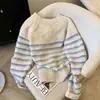 Suéter de punto grueso con cuello redondo a rayas y tira de botones para mujer, holgado, estilo perezoso de otoño e invierno, jersey suave