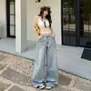 Jeans Azul Claro de Barra Reta Feminino 2026 Outono Nova Chegada Riscado Bigodes de Gato Solto Emagrecimento Perna Larga Calça com Caimento