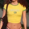 Camiseta Corta Estilo Europeo y Americano, Corte Ajustado, Estampado de Letras, Top Azul, Camiseta de Verano Y2K para Mujer, Cropped Sexy Streetwear