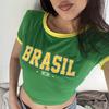 Camiseta curta de verão estilo americano, para meninas, estilo umbigo, manga curta, gola redonda, base de roupas, estampa bordada feminina