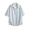 Camisa Masculina de Seda Gelada Leve de Verão Estilo Maduro Caimento Solto Gola Cubana Manga Curta Marca Tendência Azul Francês Casual para Homens