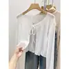 Cárdigan Fino Blanco de Seda de Hielo Protector Solar para Mujer, Nuevo Estilo Verano 2026, Exterior con Volantes, Cuello en V y Atar