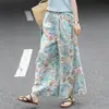 Pantalones Culotte Casuales de Algodón y Lino de Pierna Ancha Sueltos con Estampado Artístico Retro de Lino de Alta Gama para Mujer