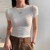 Camiseta Blanca para Mujer, Hombro Normal, Cuello Redondo, Mangas Cortas de Canalé, Verano Ajustada, Favorecedora para Figuras Pequeñas, Top Corto