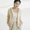 Novo Estilo de Outono Cardigã Simples de Lã Pura Feminino, Cor Sólida Listrado, Caimento Solto, Emagrecimento, Rejuvenescedor, Moletom de Tricô com Zíper