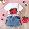 2025 Venda Quente Menina Fofa Estampa de Morango Top Bordado Pesado Jeans Curto Conjunto Menina para Crianças