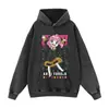 Sudadera con capucha negra lavada vintage de peso pesado con estampado de anime, unisex, sudadera pullover versátil con cuello redondo y diseño desgastado