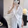 Camisa de Linho de Alta Qualidade com Proteção Solar de Manga Comprida, Jaqueta Cardigã Relaxada e Versátil, Camisa Azul Fina e Solta de Algodão e Linho