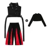 Disfraces de Baile de Jazz para Niñas Estilo Coreano Genial Atractivo Chaqueta de Motociclista Bloqueo de Color Negro Rojo Conjunto de Disfraz de Performance Modelo de Jazz Ropa de Pasarela