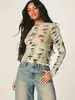 Camiseta de manga larga con estampado de esqueleto tie-dye, superventas transfronterizo europeo y americano para mujer, cuello redondo, corte ajustado, estilo corto, top sexy