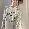 Camiseta de Manga Larga con Cuello Redondo, Rayas y Estampado de Cachorro de Dibujos Animados para Mujer, Moderna y Versátil, Top de Estilo Casual Perezoso
