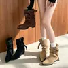 Pantalones estilo bota, nueva colección otoño 2026, estilo retro coreano, color Melard, plisados, botines, caqui, punta fina, tacón grueso, botas para mujer