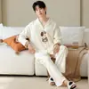 Algodón Puro2026 Nuevo Otoño Dibujos Animados Cuello Solapa Cárdigan Pijama para Hombre Manga Larga Pantalón Largo Conjunto para Estar en Casa