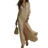 Moda femenina transfronteriza europea y americana 2026: Elegante y estiloso vestido de calle, hombros descubiertos, abertura, color liso, corte ajustado