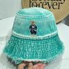 Japonês retro lavado Denim desfiado chapéu de pescador feminino coreano cartoon urso bordado chapéu de bacia rosto - olhando pequeno chapéu de sol