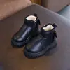 Botas de invierno para niños estilo Martin con forro polar, botas de cuero gruesas y cálidas, botas de media pantorrilla con cremallera lateral, zapatos con lazo para niños y niñas