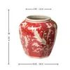 Jarrón de cerámica pintado a mano con patrón rojo y blanco, recipiente festivo rojo estilo chino para flores, adecuado para exhibición en la entrada, estante estilo antiguo, para flores secas o artificiales