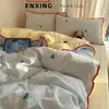 Juego de Cama de Cuatro Piezas Súper Elegante Estilo Ins, Funda de Edredón Bordada de Algodón Lavado, Juego de Sábanas Ajustables de Tres Piezas para Dormitorio de Estudiante Individual