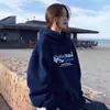Sudadera Sencilla Estilo Coreano con Estampado de Letras Holgada Casual Versátil Top Azul Marino Estilo Perezoso Otoño e Invierno Sudadera con Capucha