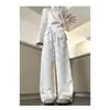 Calça Jacquard de Cintura Alta com Barra Larga Estilo Chinês 2025 para Mulheres, Caimento Reto Solto, Casual, Efeito Emagrecedor, Calça de Cetim de Acetato