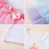 Roupa de Primeiro Aniversário para Menina: Camiseta com Manga Flare, Saia de Tela Arco-Íris, Acessório de Cabelo - Vestido de 3 Peças para Foto de Festa