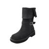 Botas Western Holgadas Reversibles de Ante de Vaca 2025 Invierno Suela Gruesa Tacón Medio Grueso Hebilla de Cinturón Botas hasta la Media Pantorrilla para Mujer