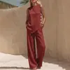 Ln1970 Novo Conjunto de Calça Wide-Leg e Top Sem Manga Cor Sólida Transfronteiriço Moda Casual Solta Feminina Algodão e Linho