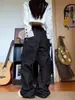 Pantalones Vaqueros Anchos Desestructurados con Tapeta a Cuadros Estilo Palacio de Fábrica para Hombres y Mujeres Negros Casuales de Tela Vaquera Cruda Largos