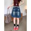 Shorts Jeans Retrô Americano de Corte A Plus Size para Mulheres, Shorts de Verão de Cintura Alta Emagrecedores Retos de Perna Larga de Comprimento Médio para Mulheres Curvilíneas